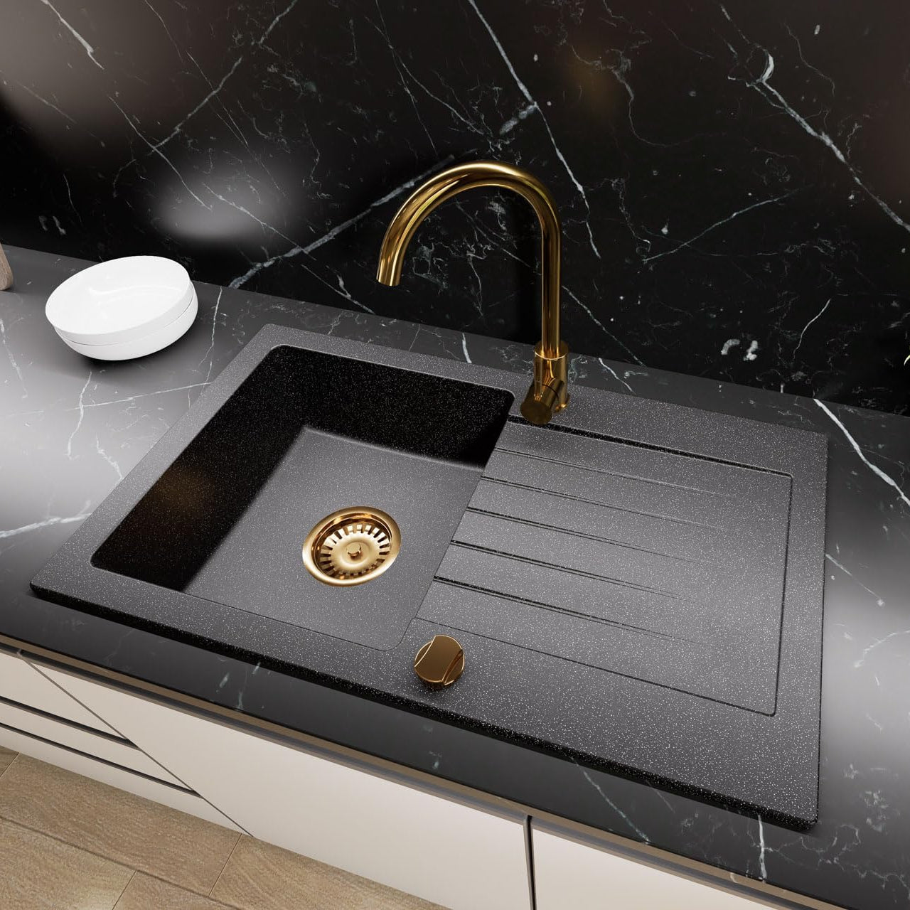 Granitspuele_75_45_cm_Kuechenspuele_mit_Abtropfflaeche_Granit_Einbauspuelbecken_fuer_Unterschraenke_ab_45_cm_inkl._Siphon-Set_Armatur_Genial_Gold_Farbe_black_geprenkelt