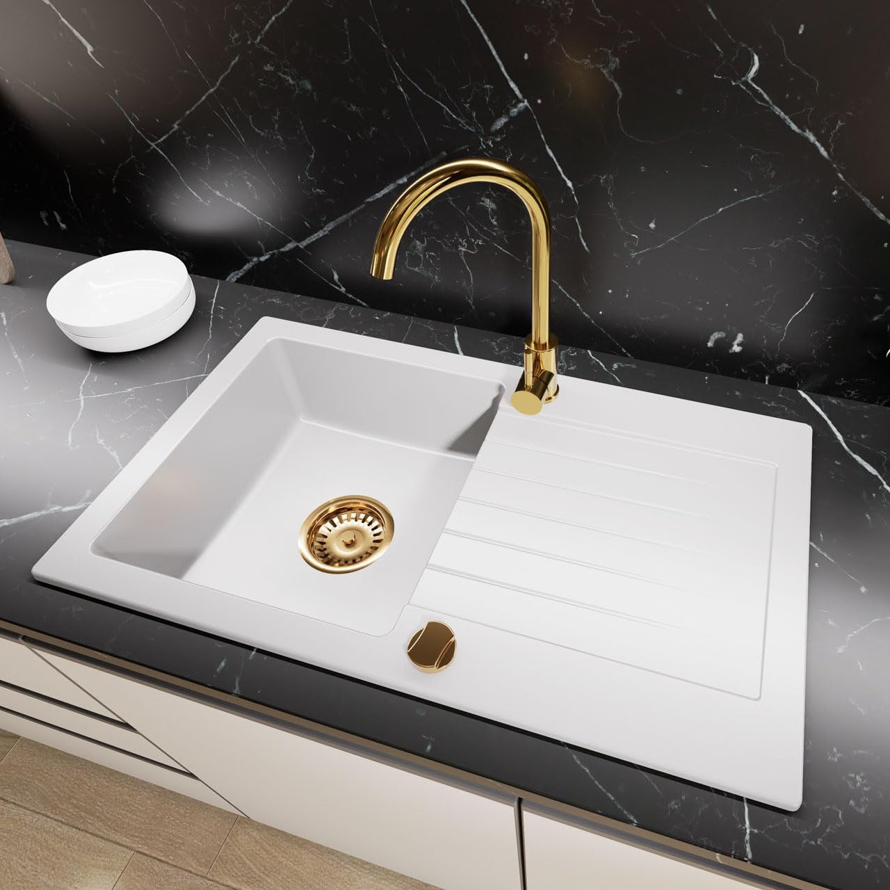 Granitspuele_75_45_cm_Kuechenspuele_mit_Abtropfflaeche_Granit_Einbauspuelbecken_fuer_Unterschraenke_ab_45_cm_inkl._Siphon-Set_Armatur_Genial_Gold_Farbe_weiss