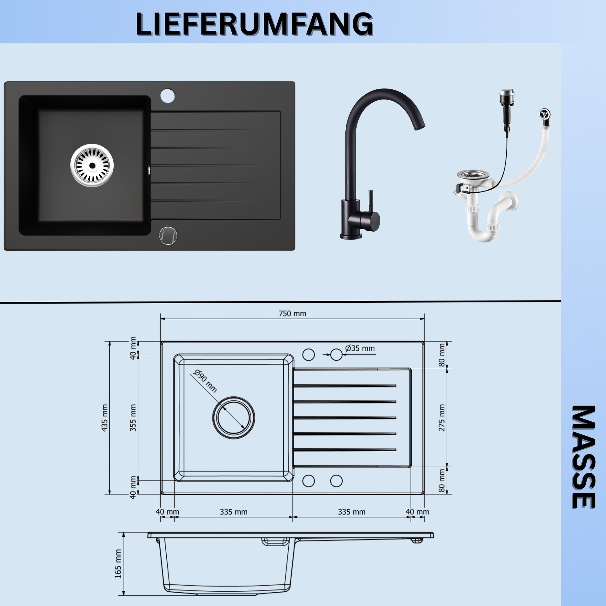 Granitspuele_Alisha_75x43_5_cm_Schwarz_Gesprenkelt_Armatur_Verschiedene_Farben