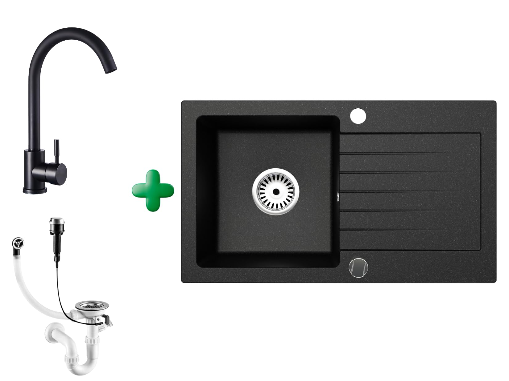 Granitspüle Alisha 75x43,5 cm  Schwarz Gesprenkelt + Armatur (Verschiedene Farben)