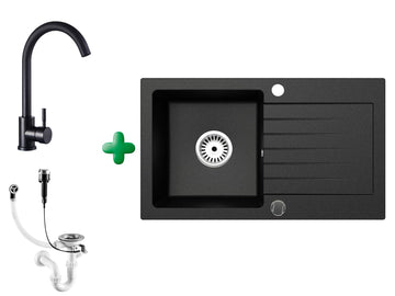 Granitspüle Alisha 75x43,5 cm  Schwarz Gesprenkelt + Armatur (Verschiedene Farben)