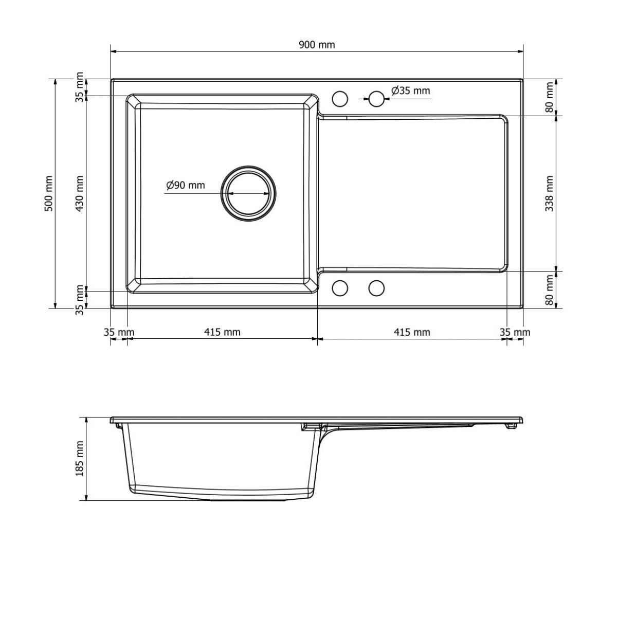 Granitspuele_Element_90x50_cm_mit_Abtropfflaeche_inkl._Armatur_Siphon-Set