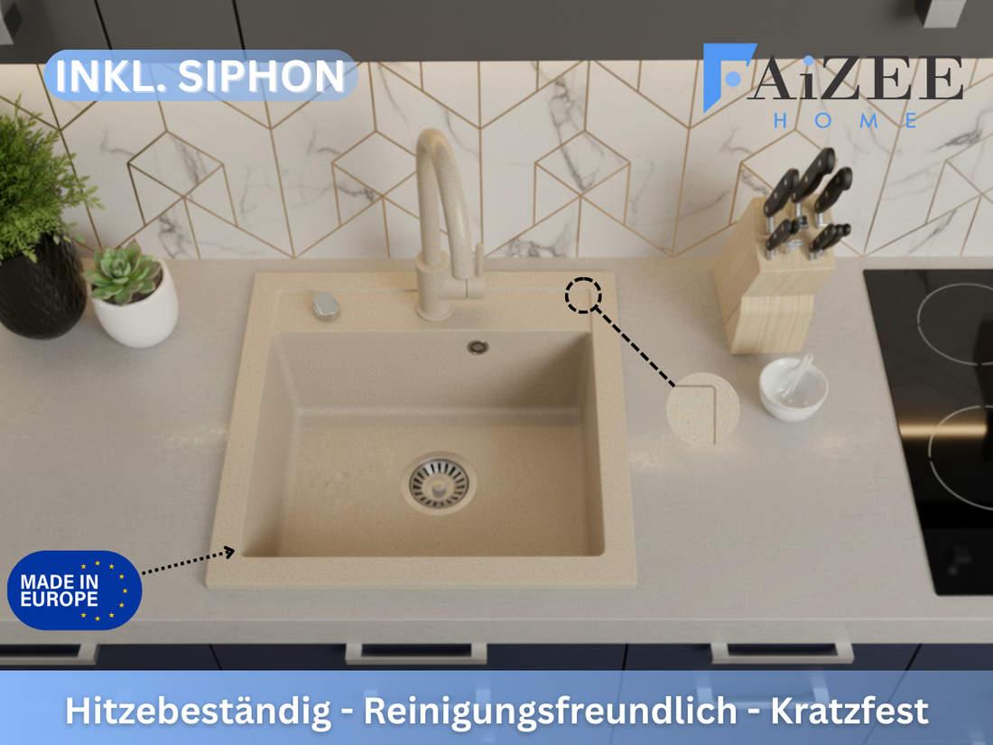 Granitspüle Milano 49×52 cm – Reversible 1-Becken Einbauspüle Inkl. Spülkorb & Siphon, Optional mit Genial Armatur