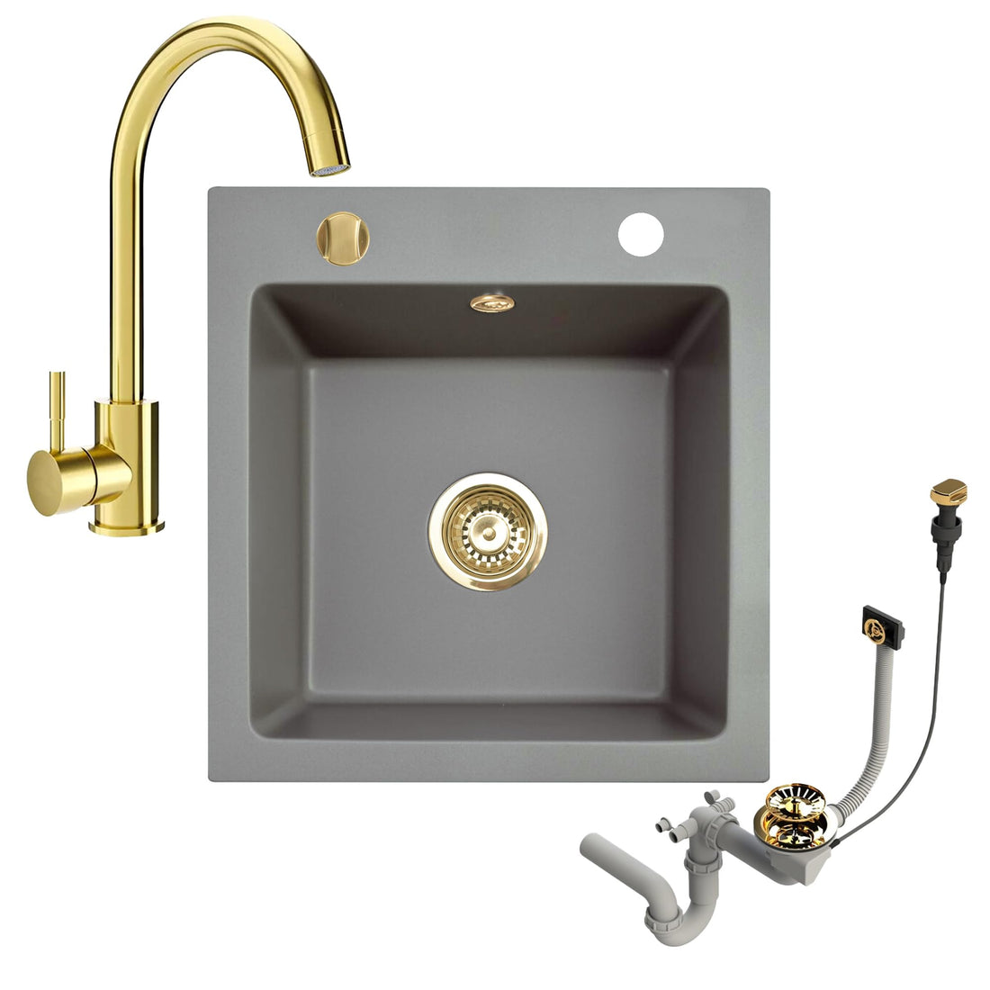 Granitspüle Milano 49 x 52 cm – Komplettset mit Genial Küchenarmatur Gold & Siphon-Set Gold | Einbauspüle aus Granit