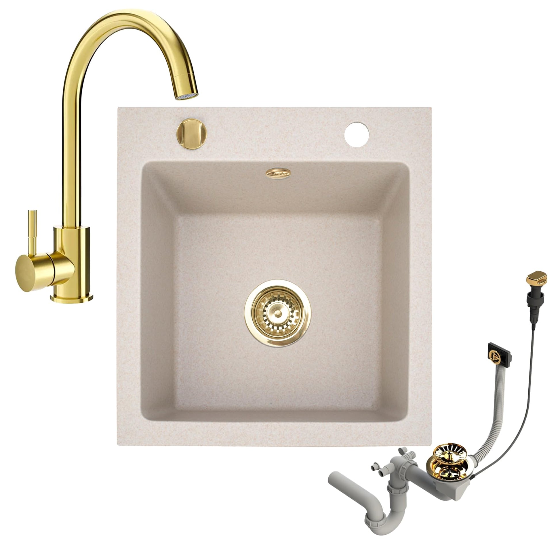 Granitspuele_Milano_49_x_52_cm_Komplettset_mit_Genial_Kuechenarmatur_Gold_Siphon-Set_Gold_Einbauspuele_aus_Granit