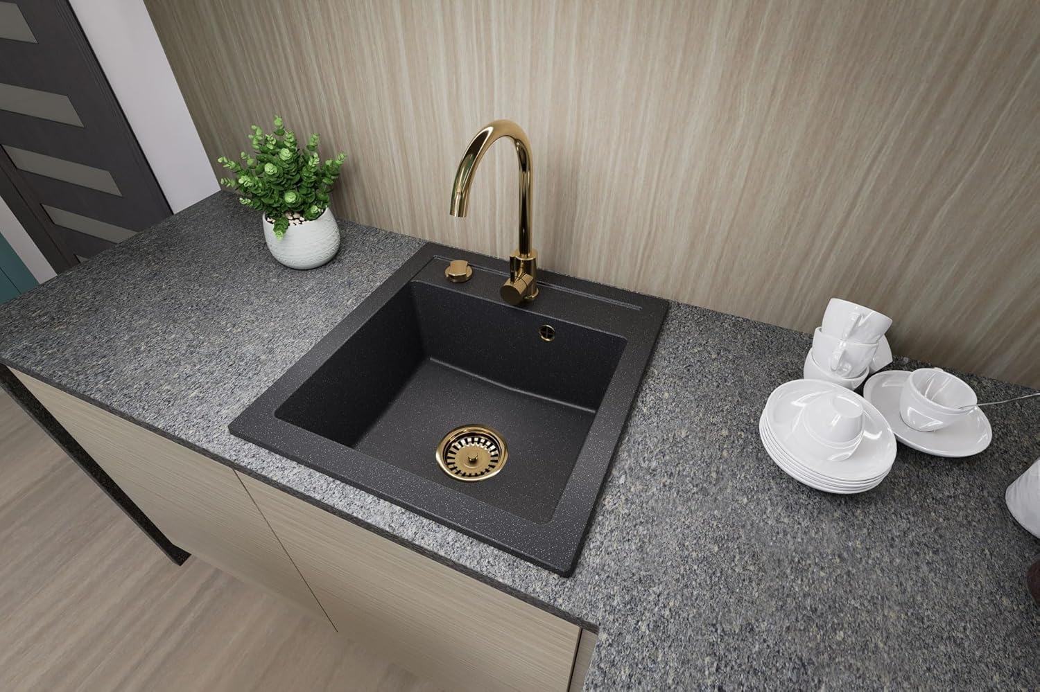 Granitspuele_Milano_49_x_52_cm_Komplettset_mit_Genial_Kuechenarmatur_Gold_Siphon-Set_Gold_Einbauspuele_aus_Granit_schwarz
