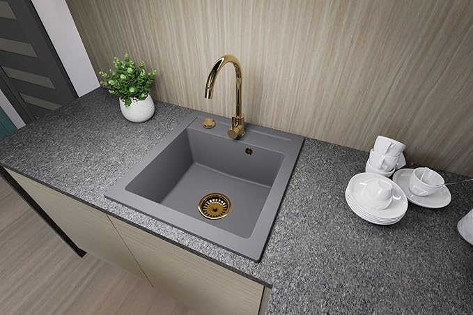 Granitspuele_Milano_49_x_52_cm_Komplettset_mit_Genial_Kuechenarmatur_Gold_Siphon-Set_Gold_Einbauspuele_aus_Granit_grau
