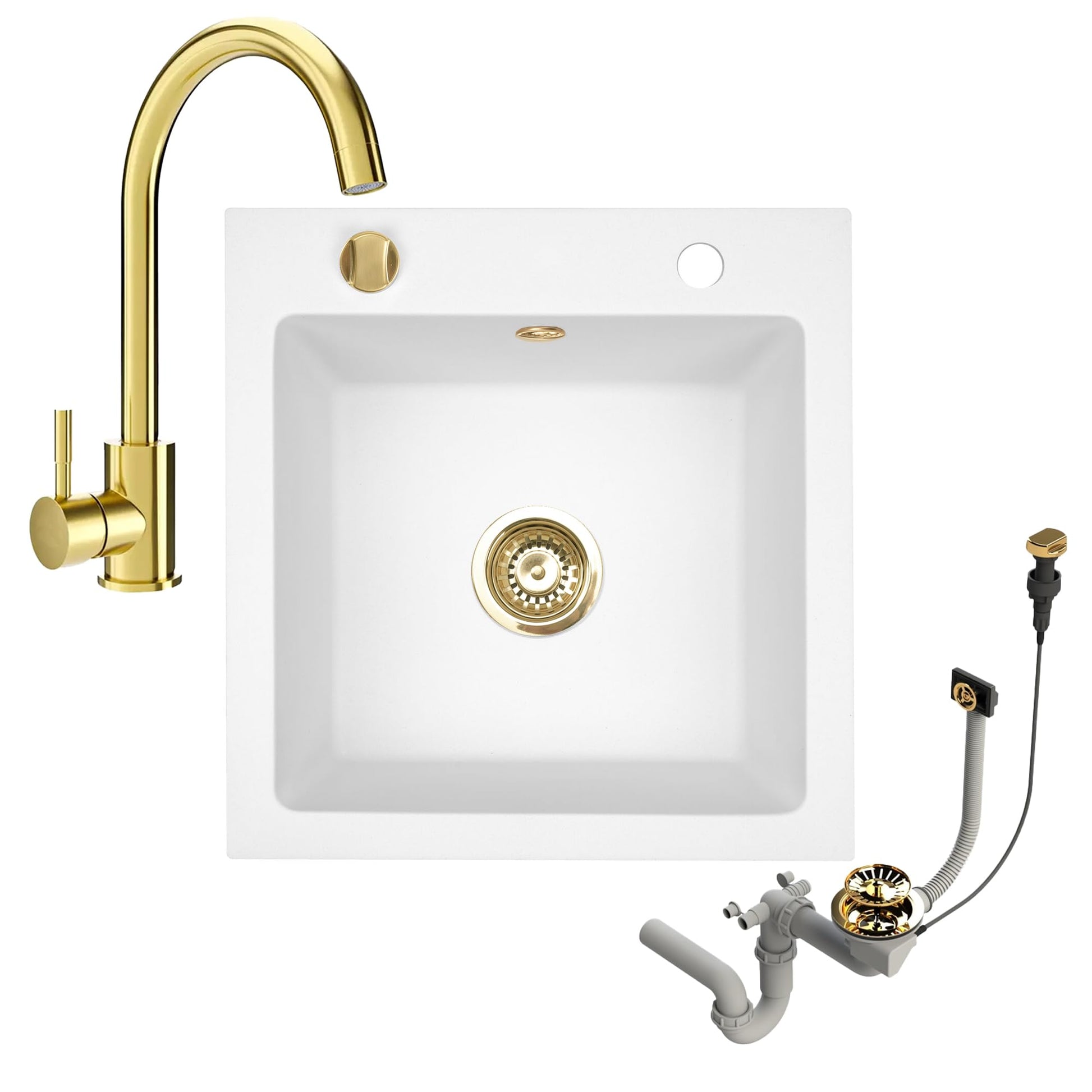 Granitspuele_Milano_49_x_52_cm_Komplettset_mit_Genial_Kuechenarmatur_Gold_Siphon-Set_Gold_Einbauspuele_aus_Granit_weiss