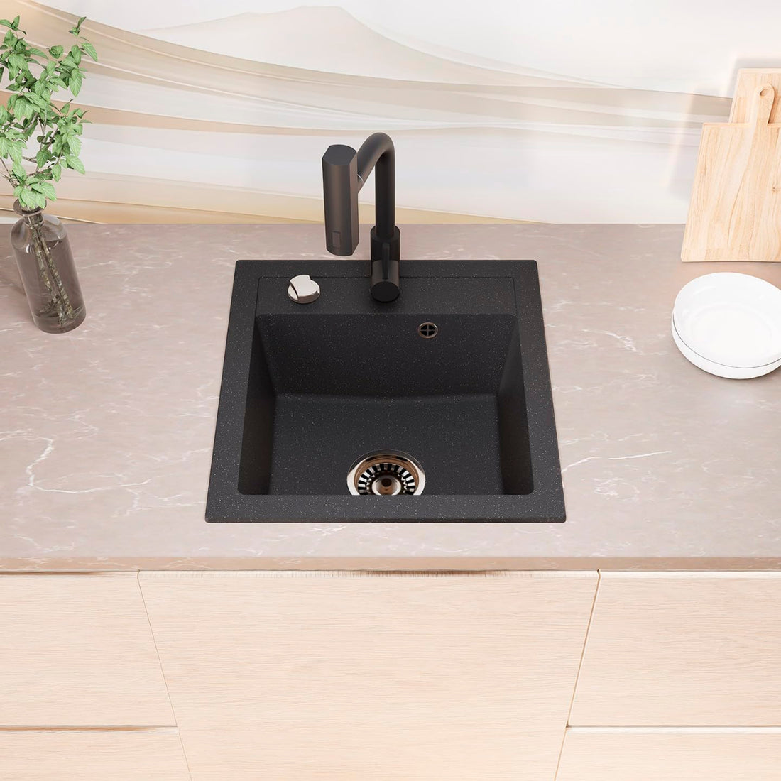 Granitspüle Milano 49x52 cm Schwarz Gesprenkelt mit Armatur & Siphon-Set