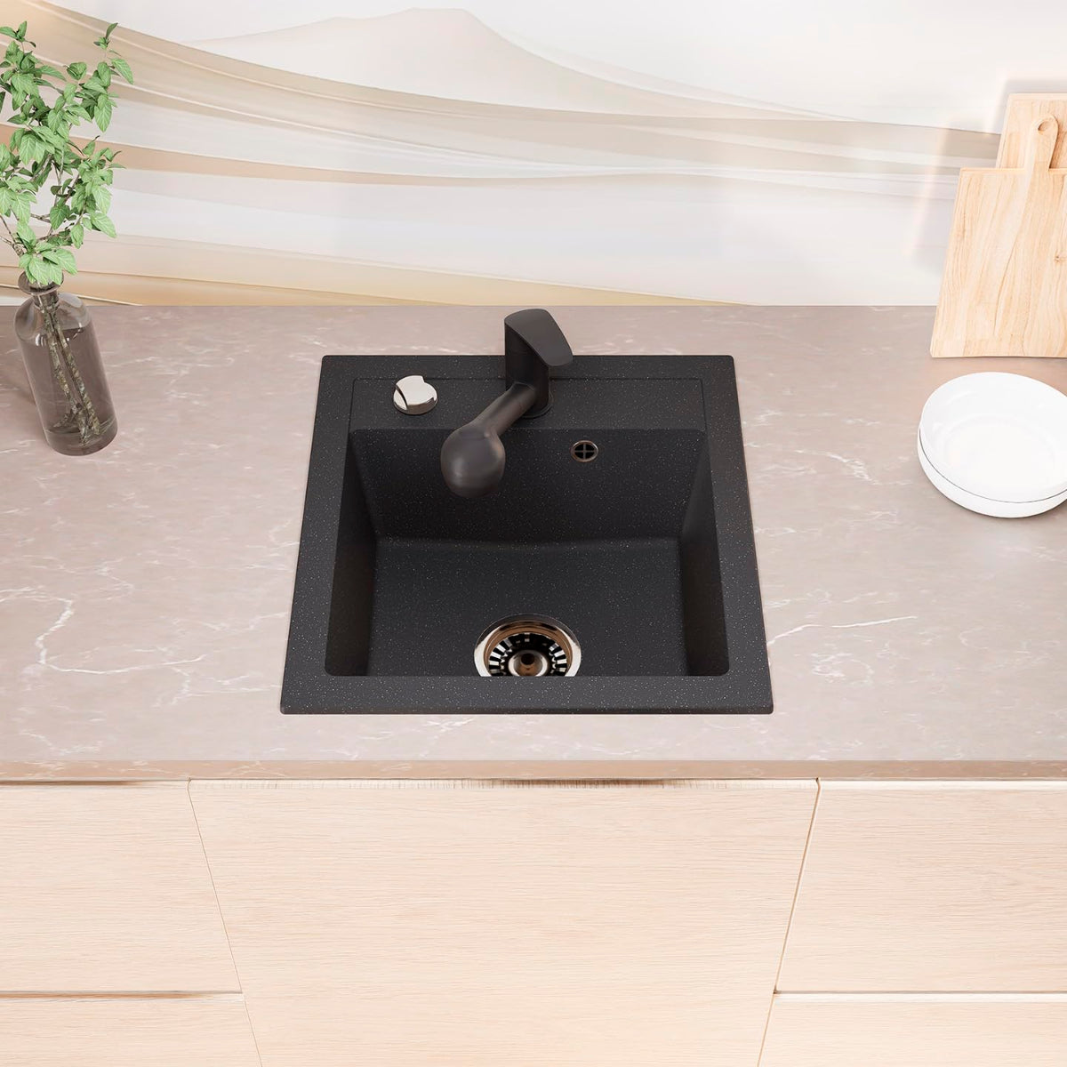 Granitspuele_Milano_49x52_cm_Schwarz_Gesprenkelt_mit_Armatur_Siphon-Set-dage