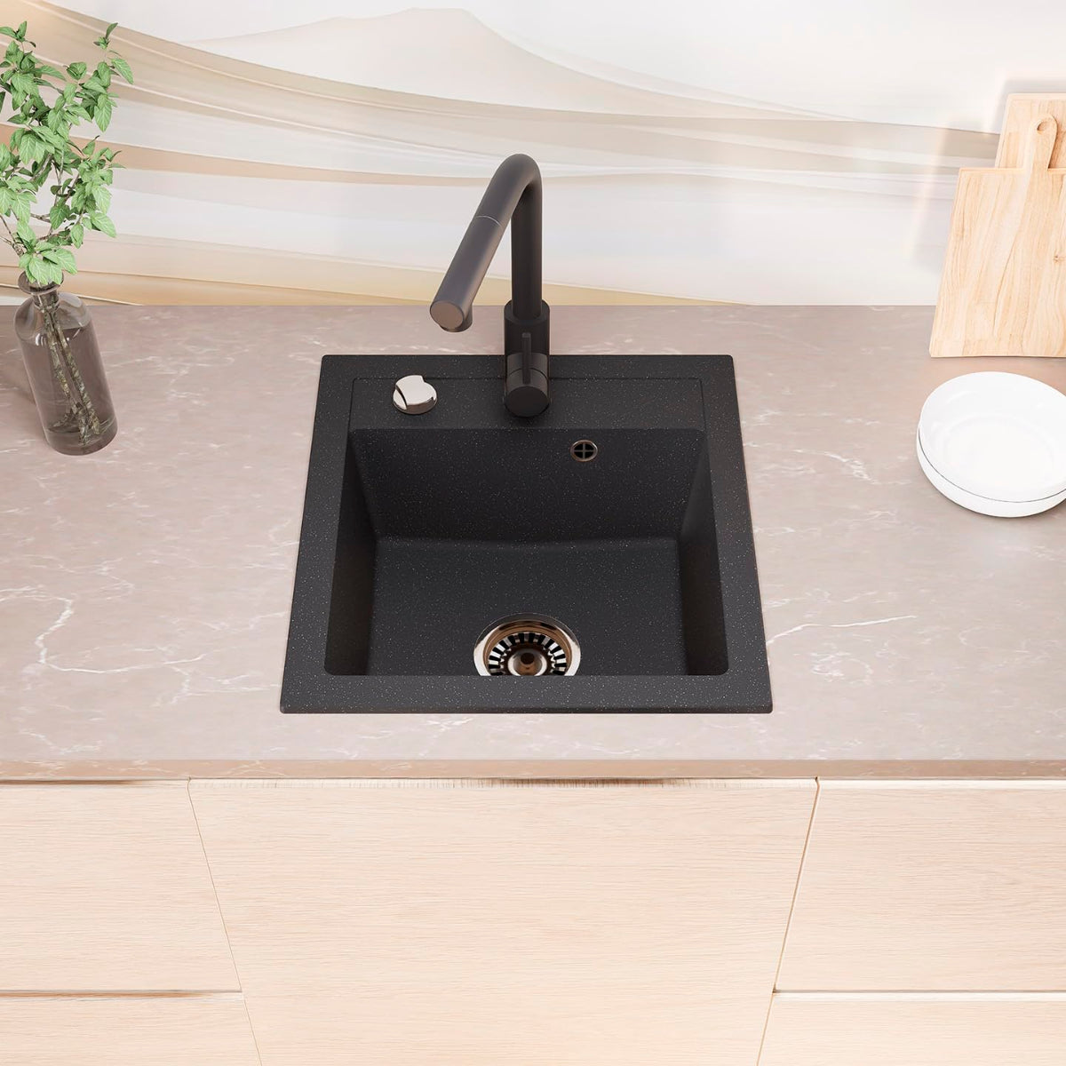 Granitspuele_Milano_49x52_cm_Schwarz_Gesprenkelt_mit_Armatur_Siphon-Set-side