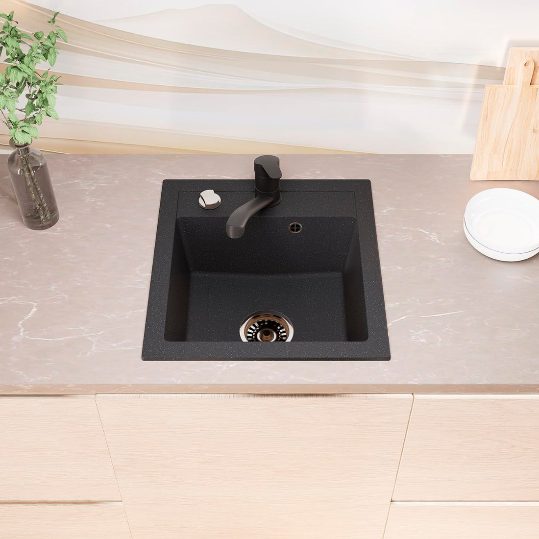 Granitspüle Milano 49x52 cm Schwarz Gesprenkelt mit Armatur & Siphon-Set