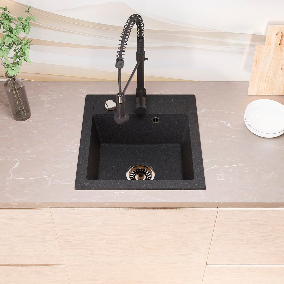 Granitspuele_Milano_49x52_cm_Schwarz_Gesprenkelt_mit_Armatur_Siphon-Set-spiral