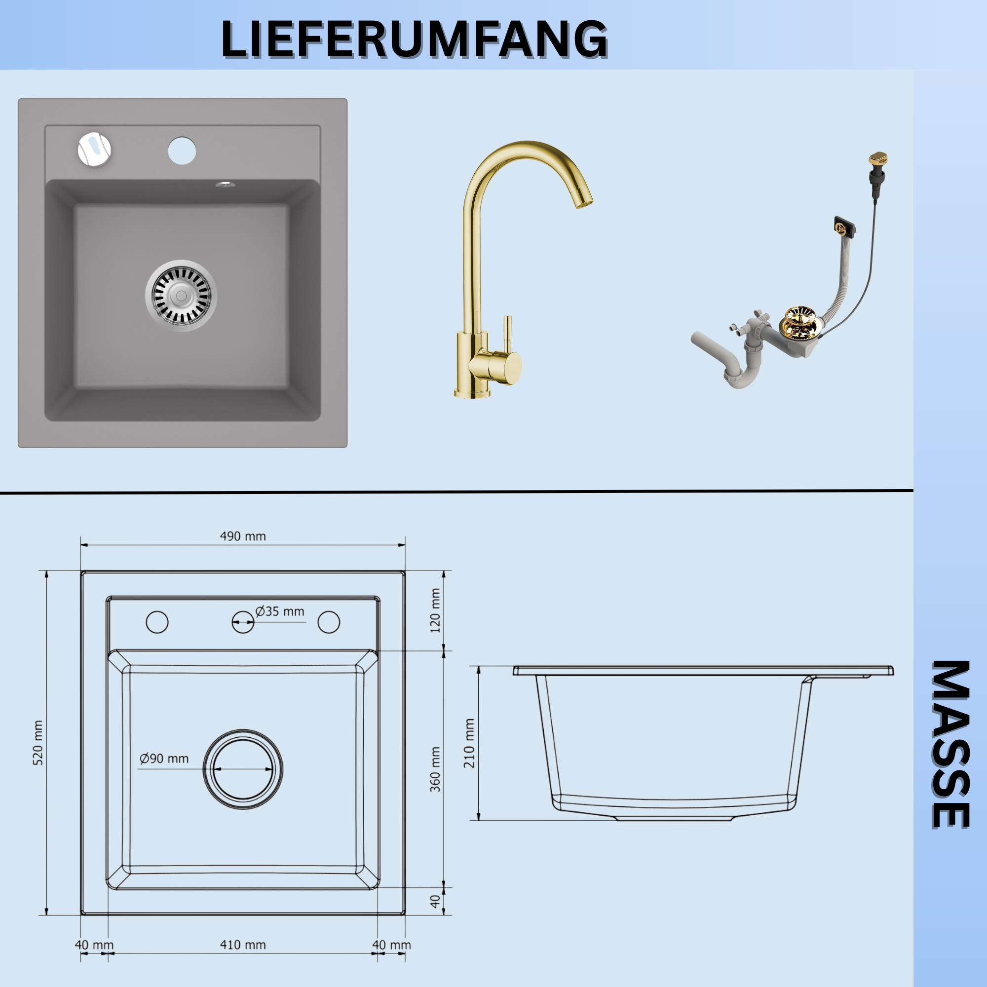 Granitspuele_Milano_49_x_52_cm_Komplettset_mit_Genial_Kuechenarmatur_Gold_Siphon-Set_Gold_Einbauspuele_aus_Granit