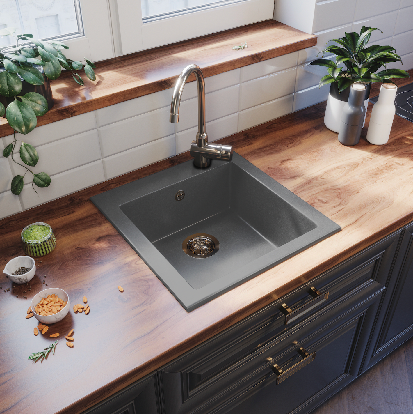Granitspüle 48x50 + Armatur Cado – inkl. Siphon-Set