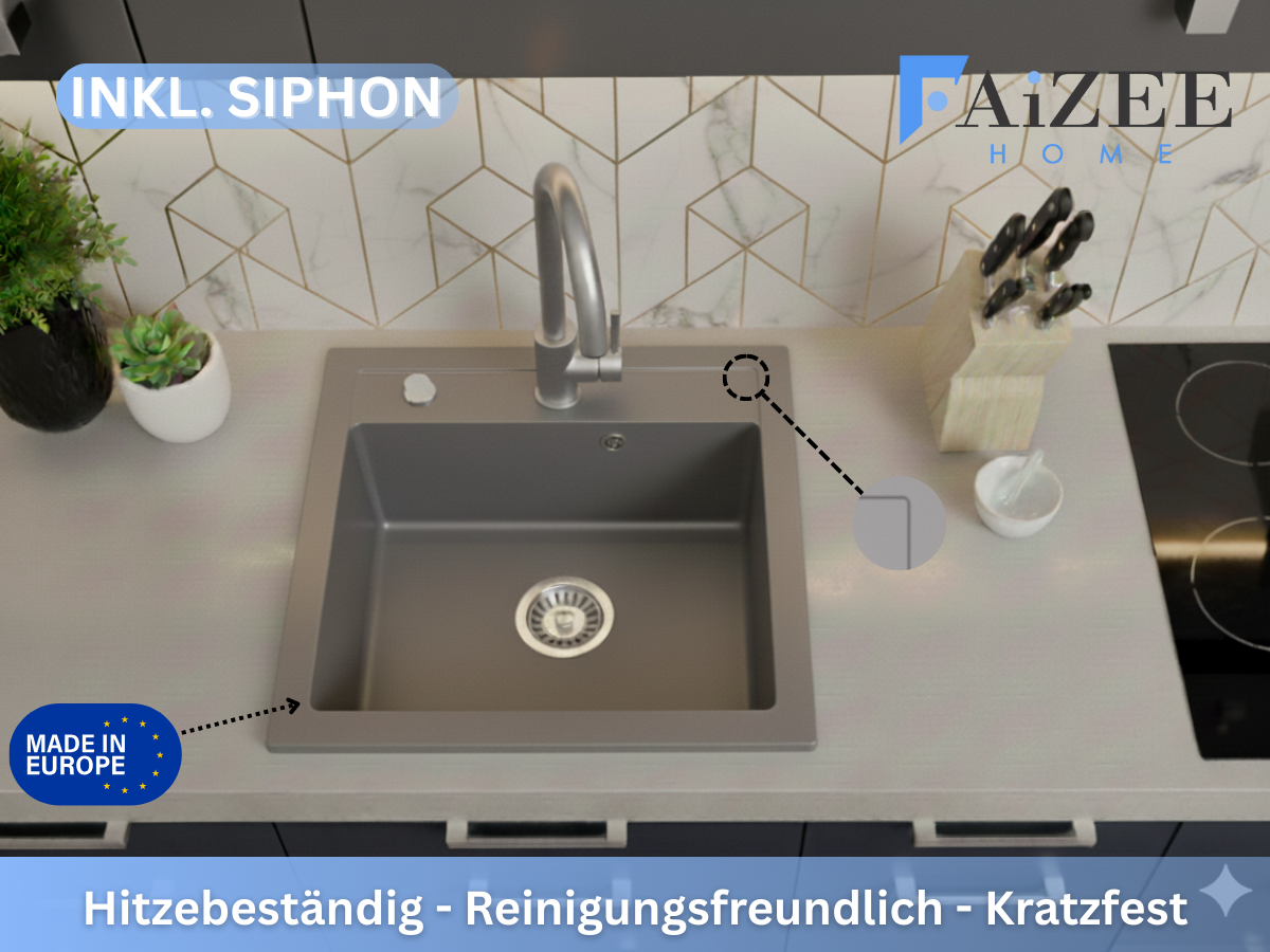 Granitspüle Milano 49×52 cm – Reversible 1-Becken Einbauspüle Inkl. Spülkorb & Siphon, Optional mit Genial Armatur