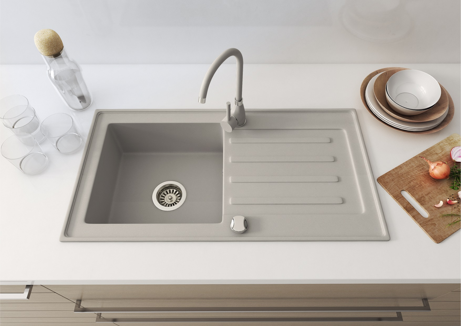 Granitspüle 76x44 + Armatur Cado – inkl. Siphon-Set