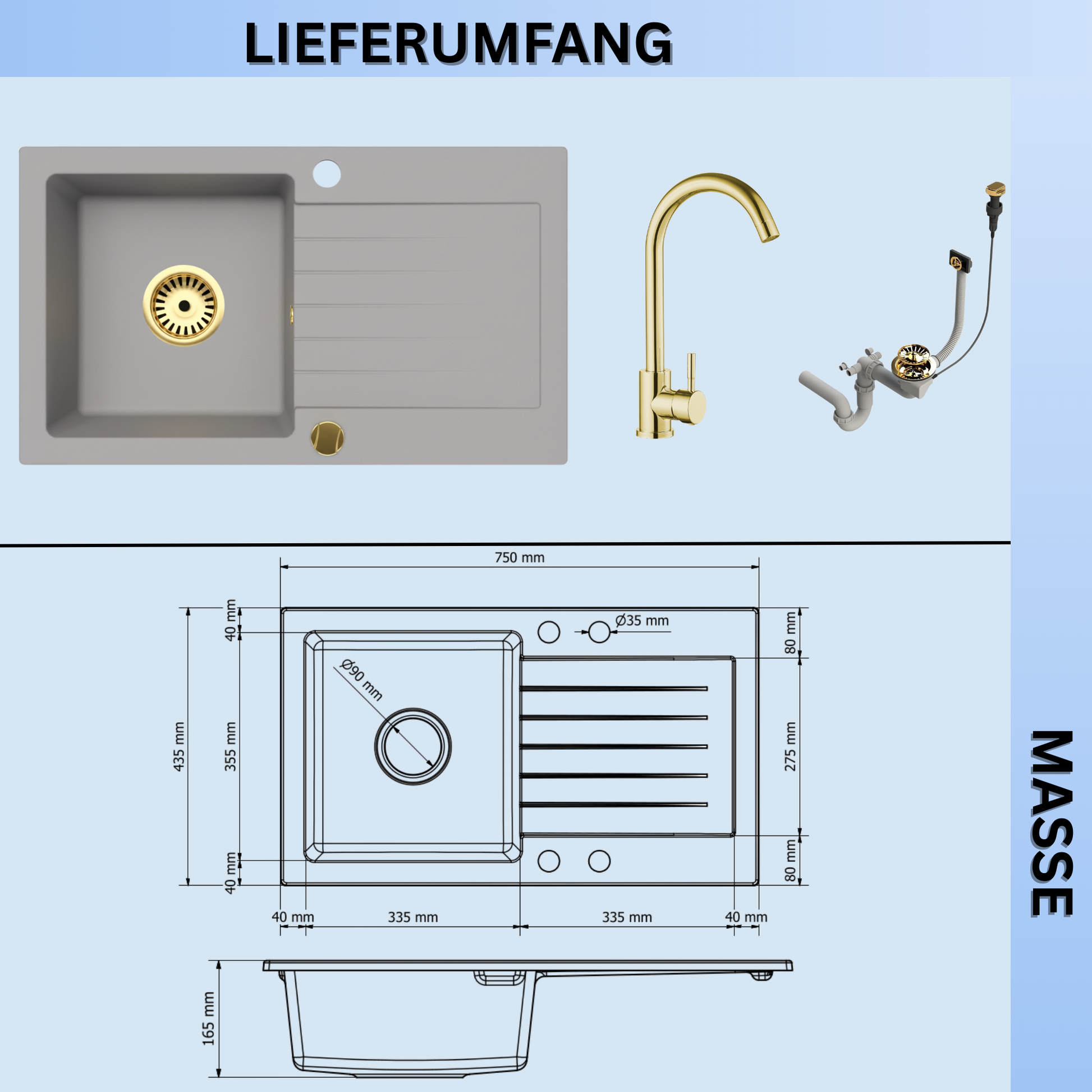 Granitspüle Alisha 75×43,5 cm mit Armatur Genial Gold & Siphon-Set Gold