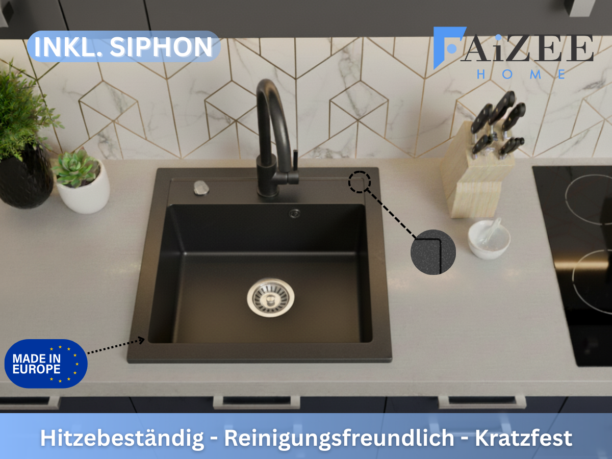 Granitspüle Milano 49×52 cm – Reversible 1-Becken Einbauspüle Inkl. Spülkorb & Siphon, Optional mit Genial Armatur