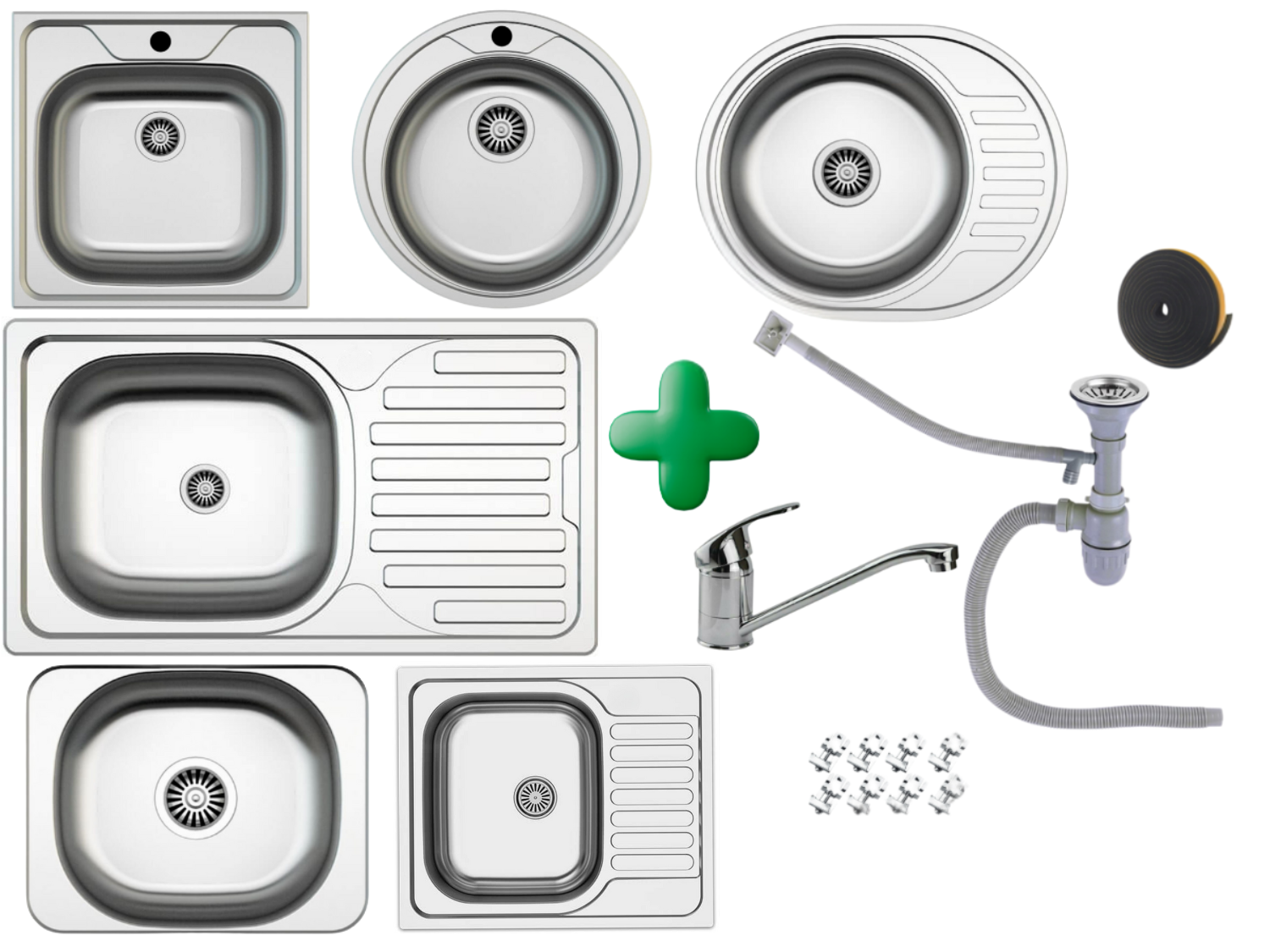 Eingebaute Edelstahlspüle in verschiedenen Größen, inklusive Siphon-Set und Armaturen