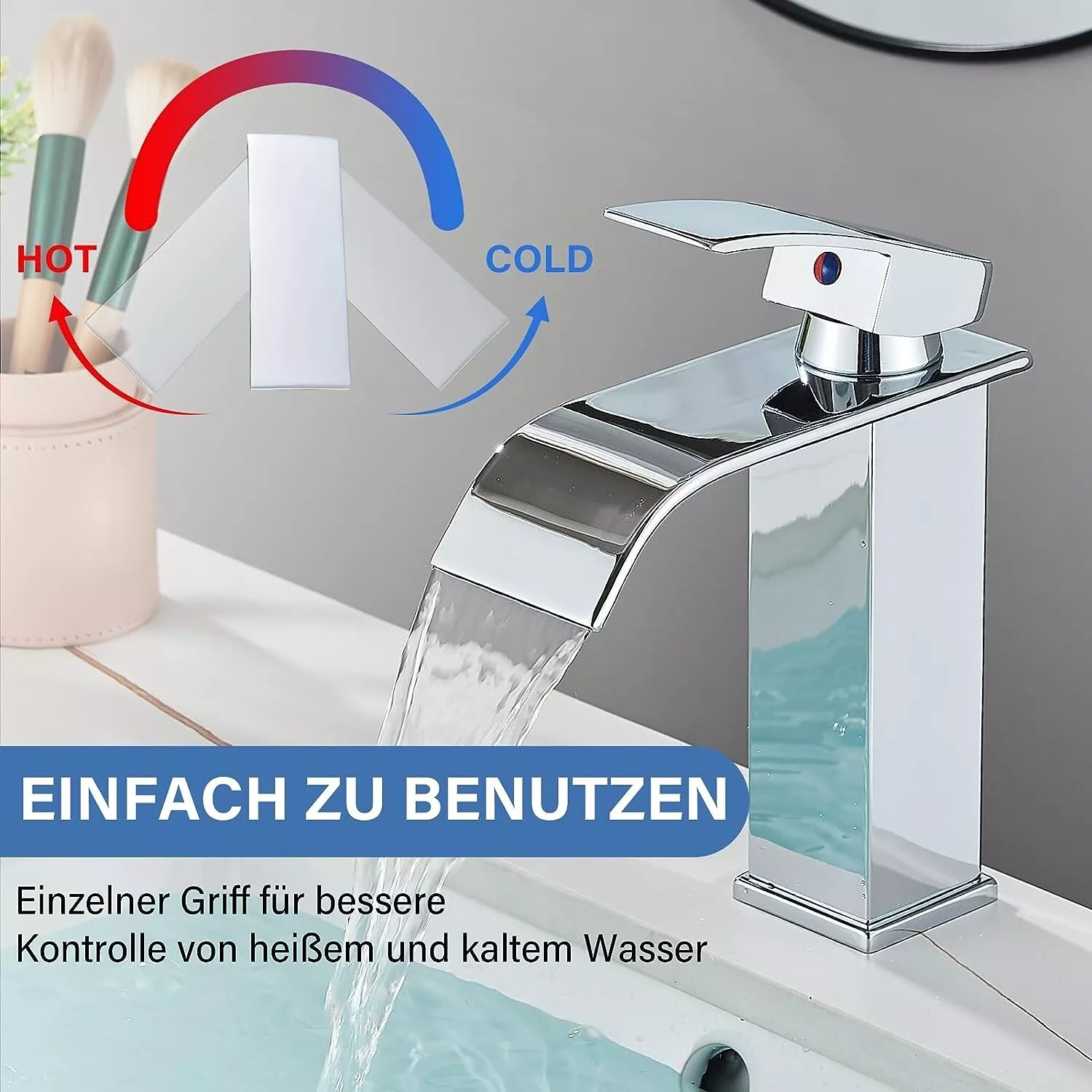 Wasserfall Waschtischarmatur Chrom – Designer-Armatur aus Messing mit Einhebelmischer & Wasserfall-Auslauf