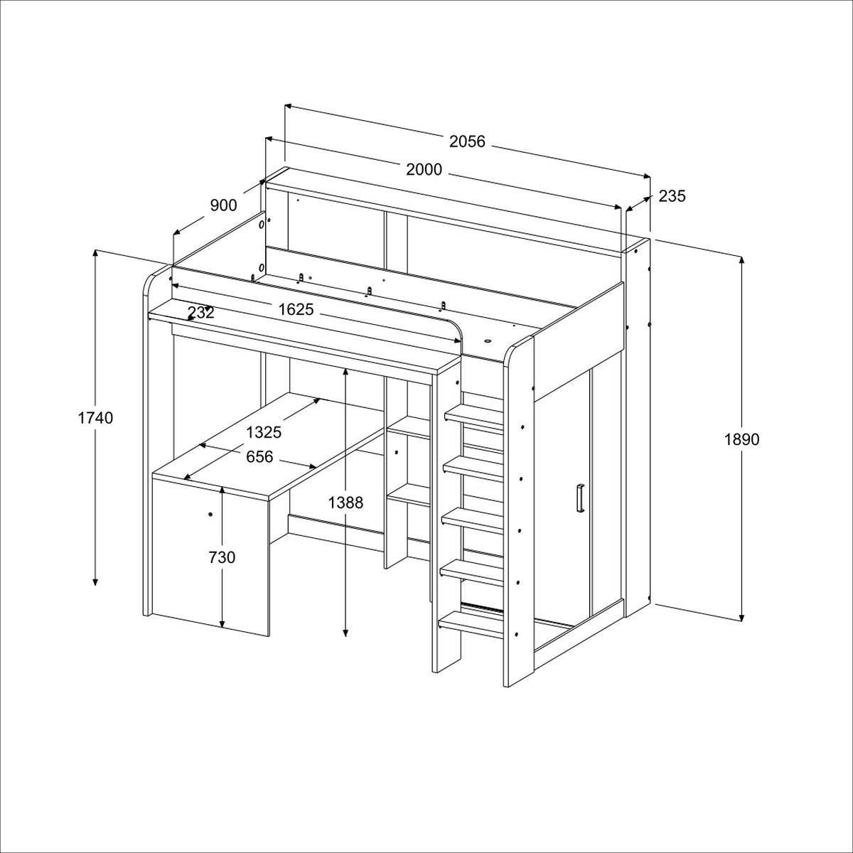Parisot Hochbett Higher mit Schrank und Schreibtisch
