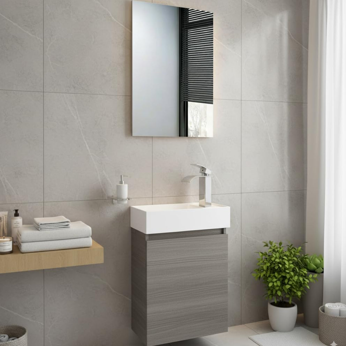 Faizee Home Badmöbel Set – Waschbeckenunterschrank mit Keramik Waschbecken, Spiegel & Armatur Kompakter Badezimmerschrank Badschrank für Gäste WC & Bäder