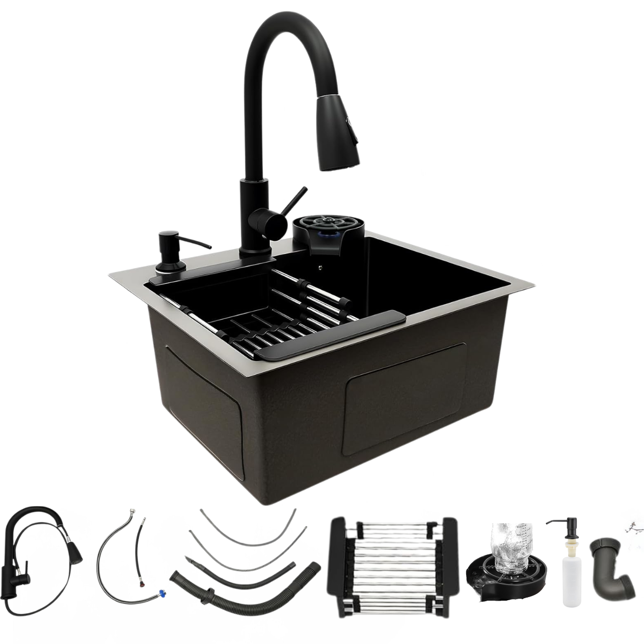 Hydro_Edelstahlspuele_45x45_cm_Kuechenspuele_mit_Glassspueler_Seifenspender_Siphon-Set_Einbauspuele_Kueche_Optional_Wave_Armatur