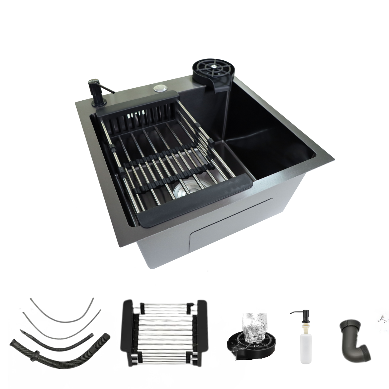 Hydro_Edelstahlspuele_45x45_cm_Kuechenspuele_mit_Glassspueler_Seifenspender_Siphon-Set_Einbauspuele_Kueche_Optional_Wave_Armatur