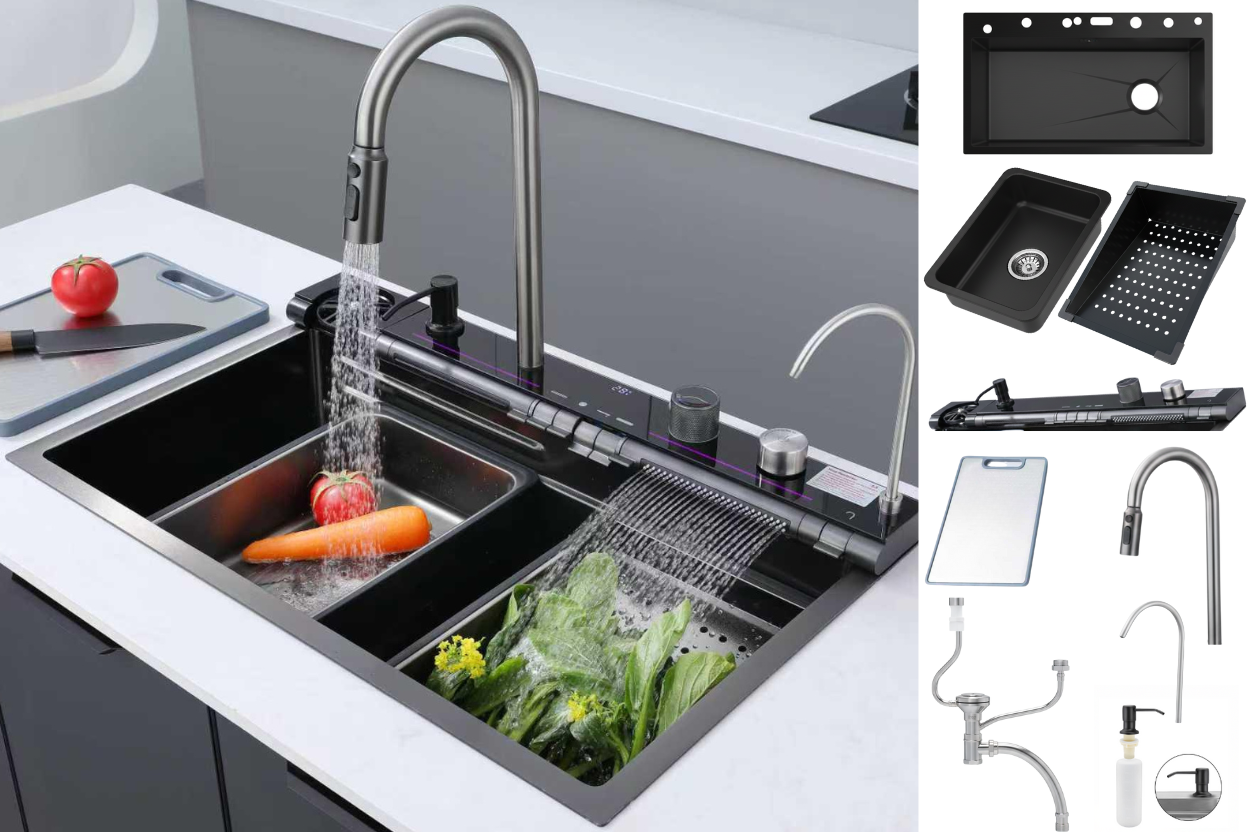 Infinity_Edelstahlspuele_75_x_46_cm_Schwarz_Kuechenspuele_mit_Abtropfflaeche_Armatur_mit_Spruehfunktion_Glassspueler_Seifenspender_Einbauspuele_Kueche