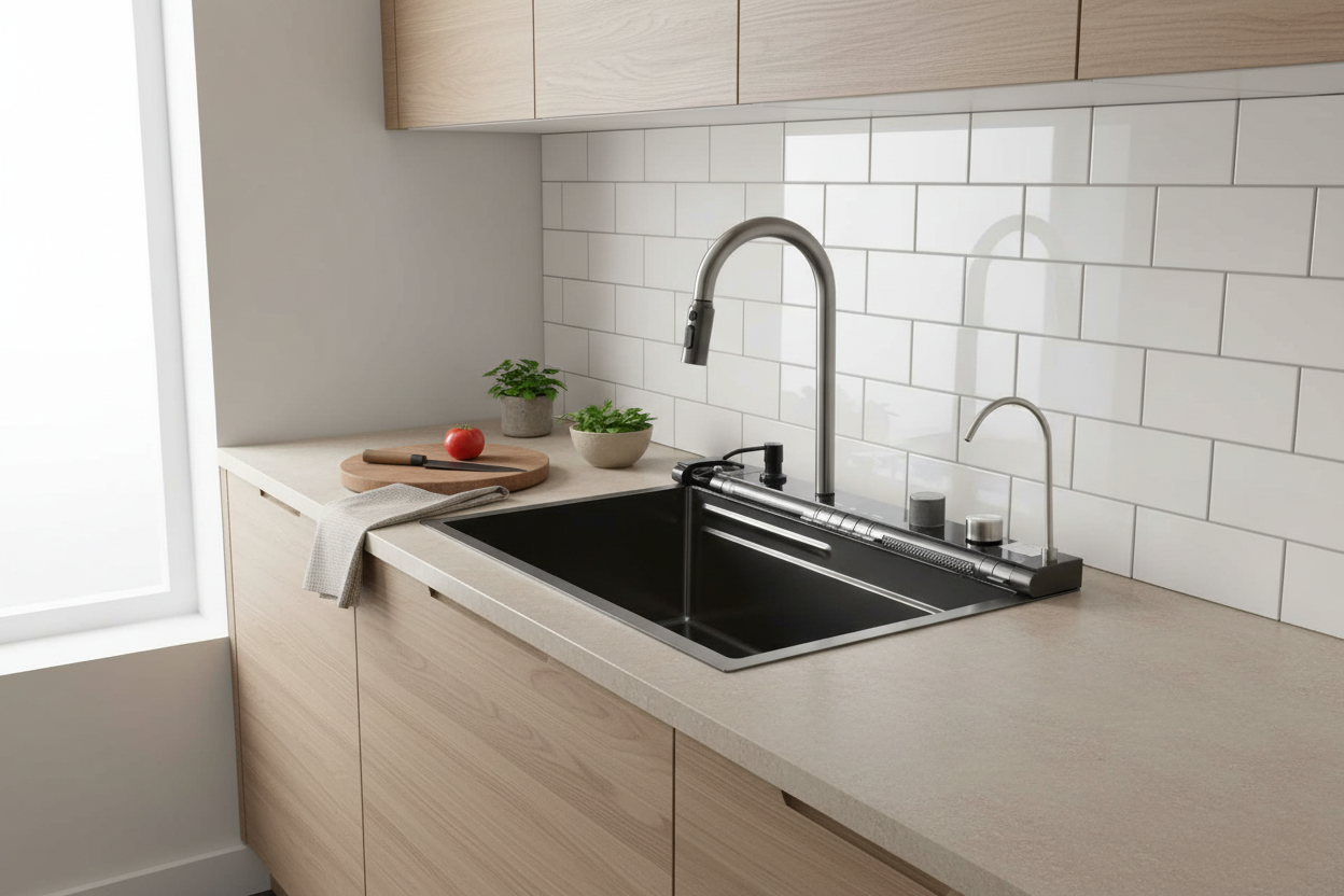 Infinity Edelstahlspüle 75x46 cm Schwarz – Küchenspüle mit Abtropffläche, Armatur mit Sprühfunktion, Glassspüler & Seifenspender | Einbauspüle Küche