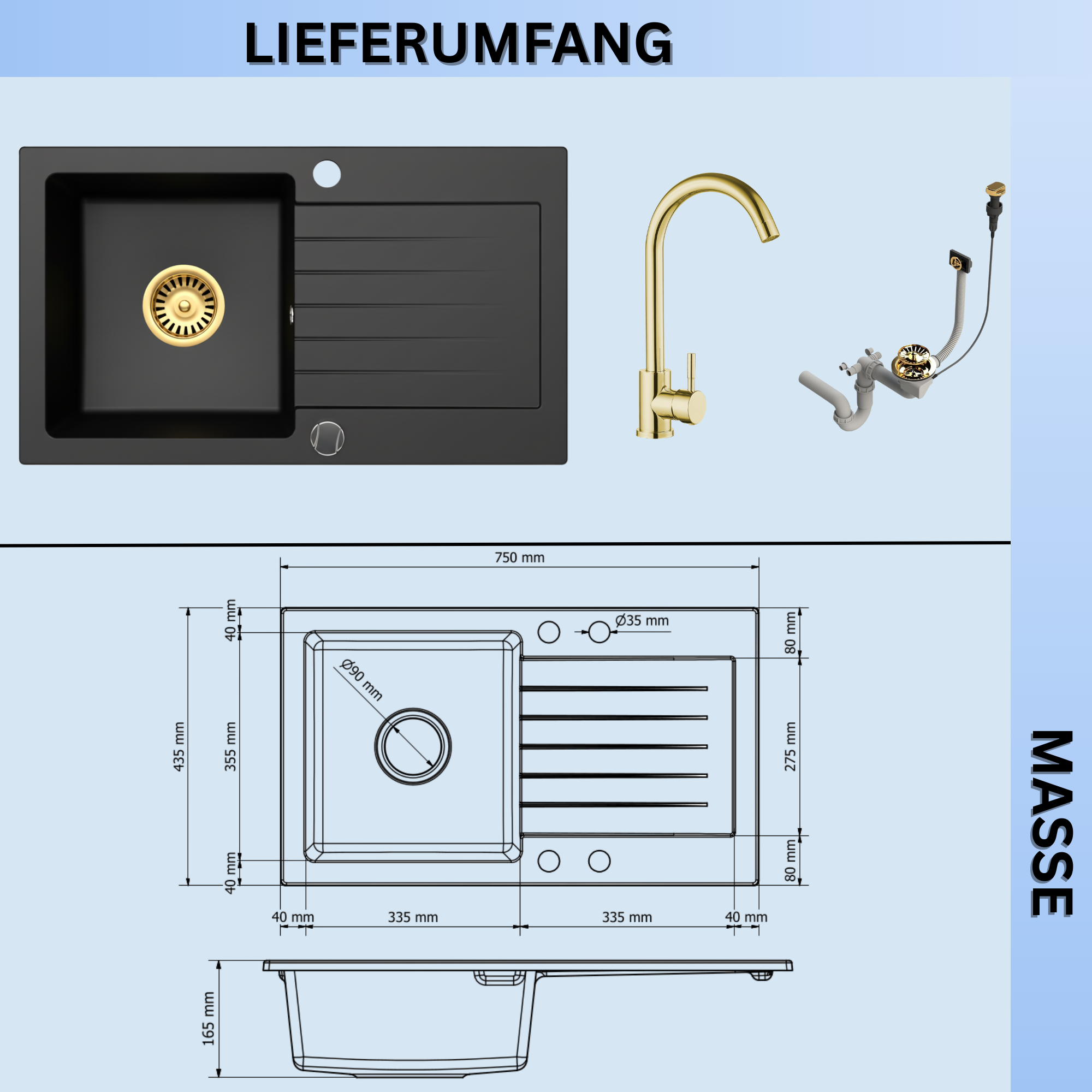 Granitspüle Alisha 75×43,5 cm mit Armatur Genial Gold & Siphon-Set Gold
