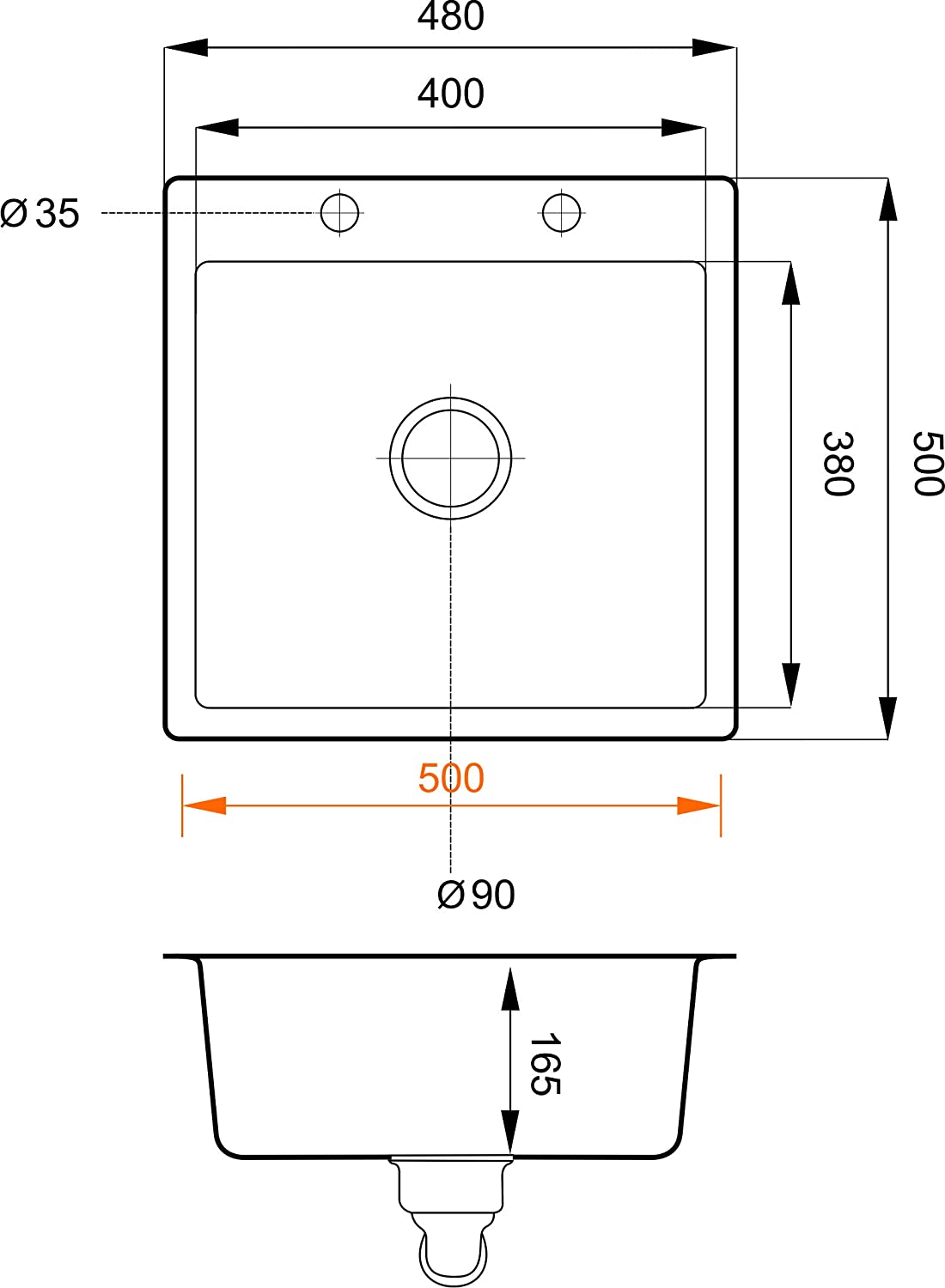 Granitspüle 48x50 + Armatur Cado – inkl. Siphon-Set