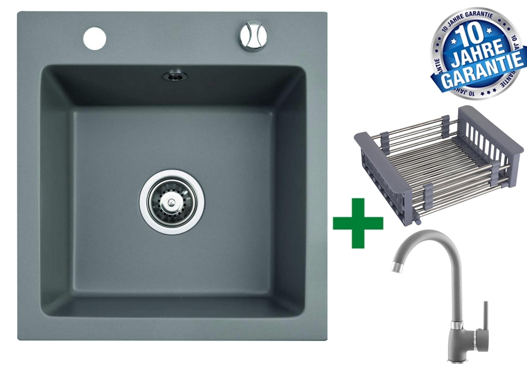 Granit-Spülbecken 48x50 + Geschirrkorb – mit/ohne Armatur + Siphon-Set