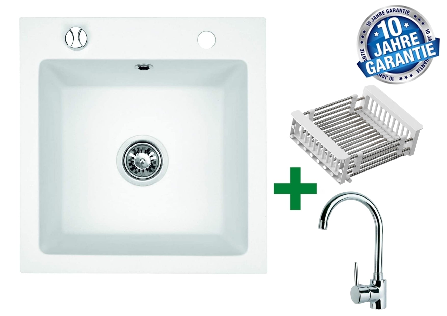 Granit-Spülbecken 48x50 + Geschirrkorb – mit/ohne Armatur + Siphon-Set