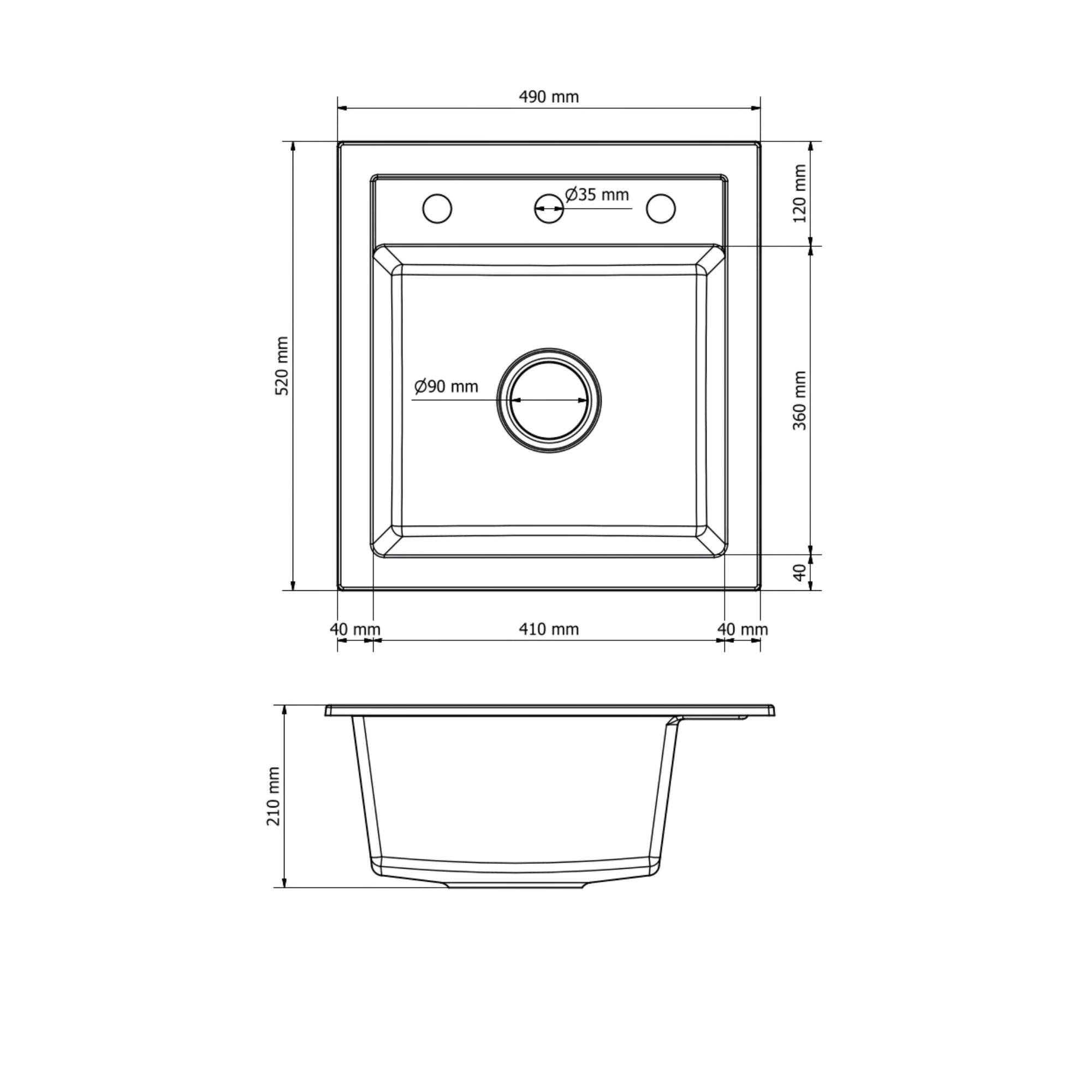 Granitspüle Milano 49×52 cm – Reversible 1-Becken Einbauspüle Inkl. Spülkorb & Siphon, Optional mit Genial Armatur
