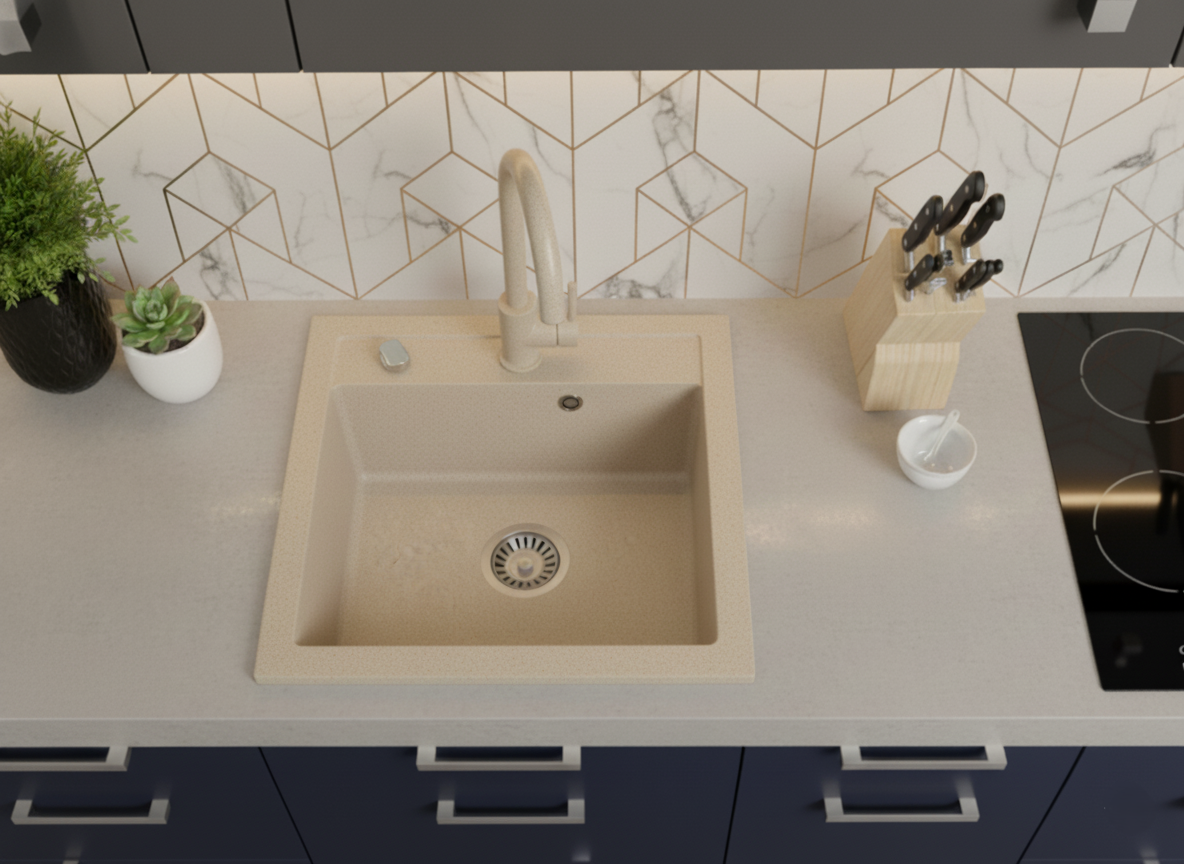 Granitspüle 49x52 cm – Milano Einbauspüle, reversibel montierbar, inkl. Siphon