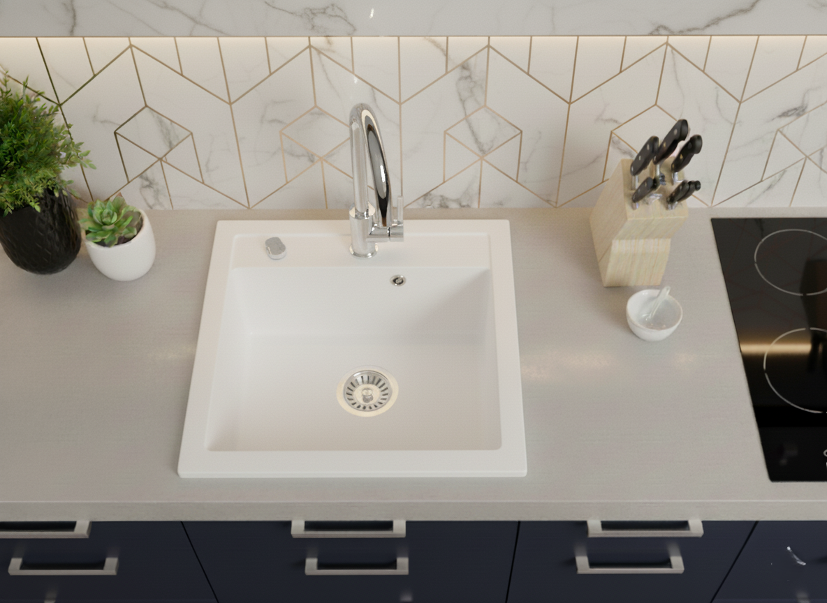 Granitspüle 49x52 cm – Milano Einbauspüle, reversibel montierbar, inkl. Siphon