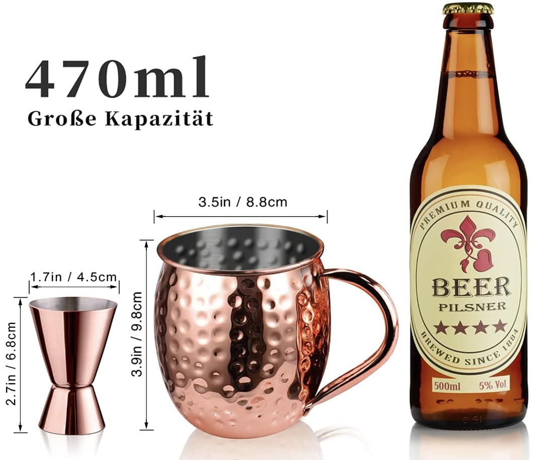 Moscow Mule Becher 500 ml – Handgefertigter Kupferbecher mit Griff, Premium Kupfer für Cocktails & Longdrinks