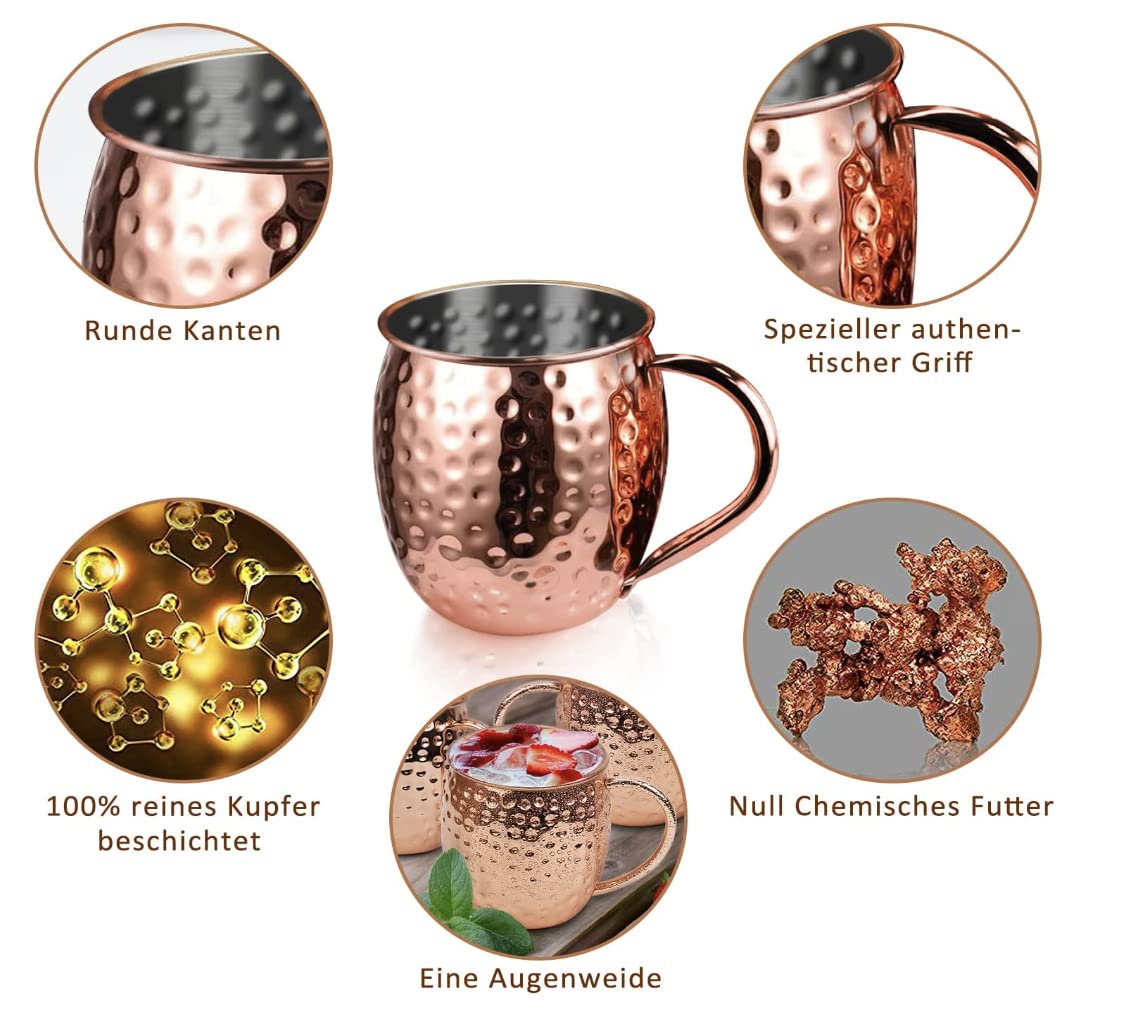 Moscow Mule Becher 500 ml – Handgefertigter Kupferbecher mit Griff, Premium Kupfer für Cocktails & Longdrinks