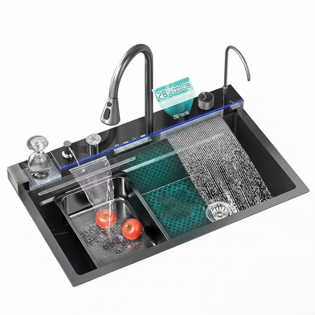 Nano Küchenspüle 75x46 cm in Schwarz mit Armatur