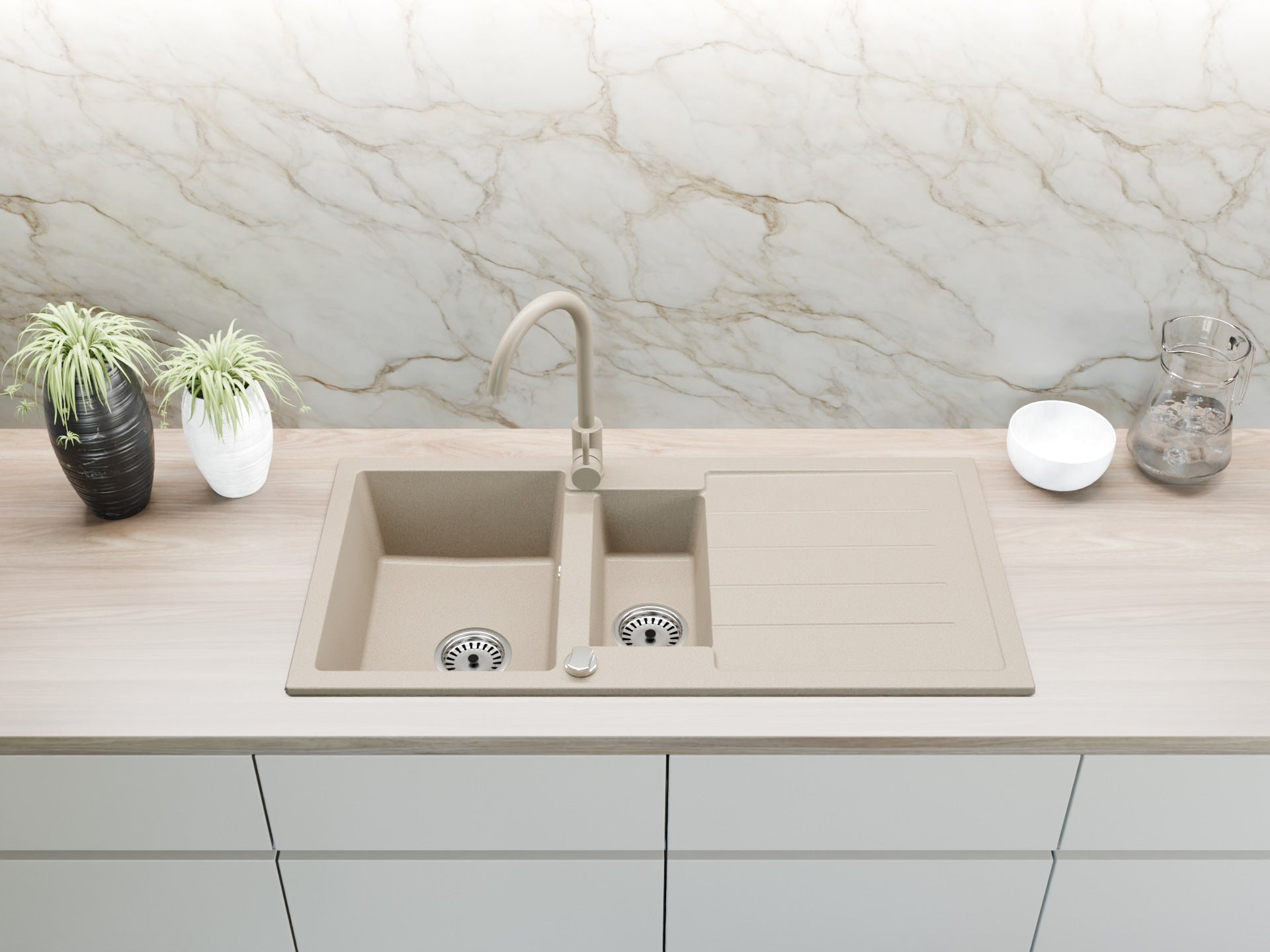 Granitspüle 100x50 cm mit Abtropffläche – Napoli Einbauspüle beidseitig montierbar, inkl. Siphon
