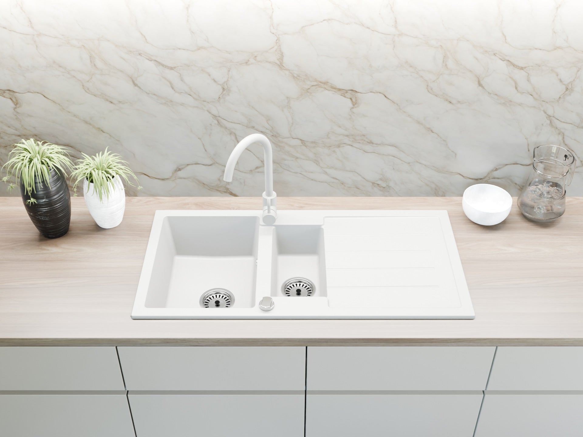 Granitspüle 100x50 cm mit Abtropffläche – Napoli Einbauspüle beidseitig montierbar, inkl. Siphon