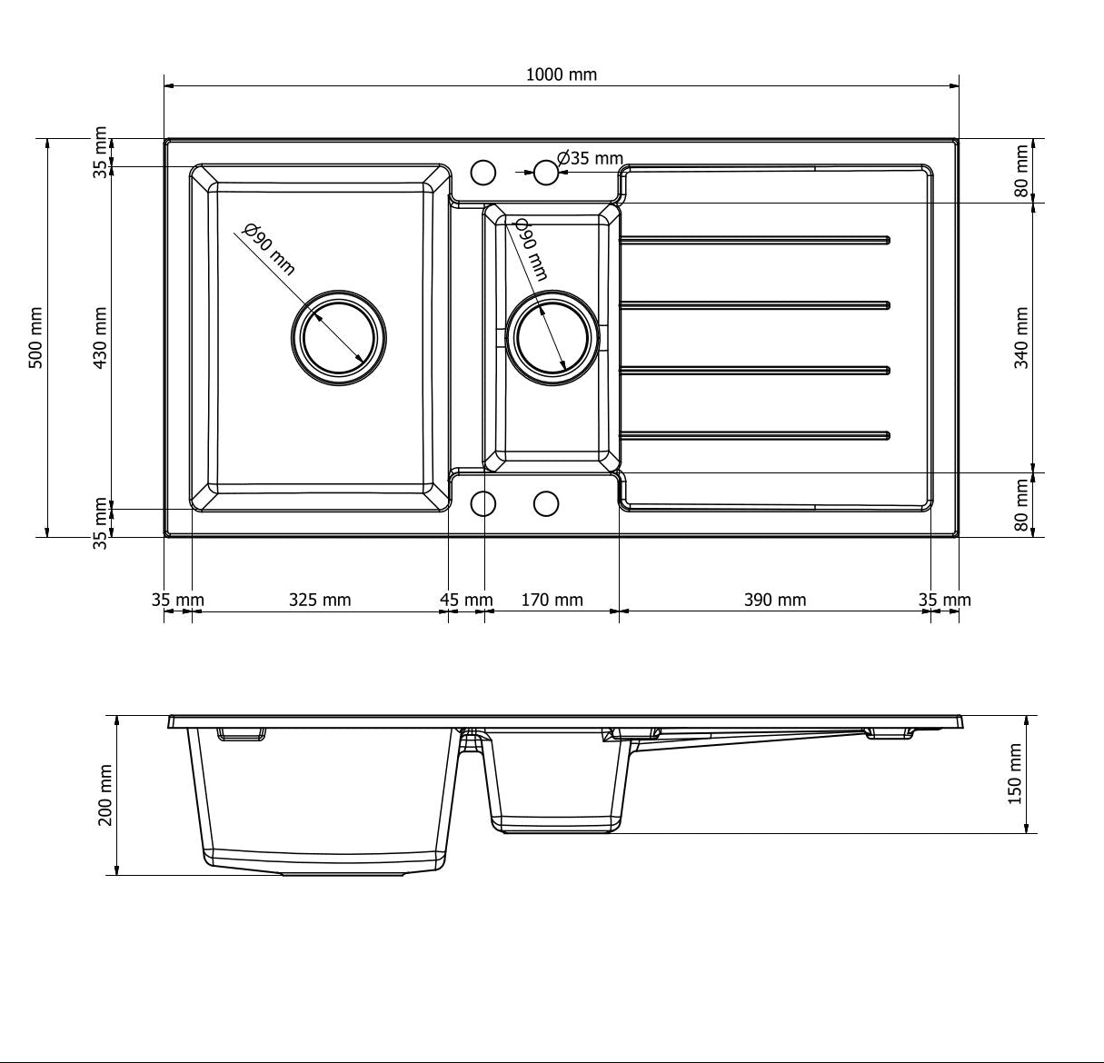 Granitspuele_100x50_cm_1_5_Becken_mit_Abtropfflaeche_beidseitig_montierbar_inkl._Armatur_Siphon-Set