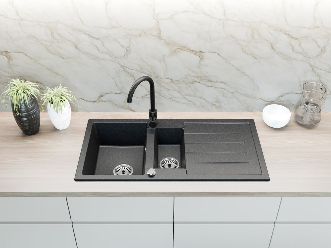 Granitspuele_100x50_cm_1_5_Becken_mit_Abtropfflaeche_beidseitig_montierbar_inkl._Armatur_Siphon-Set