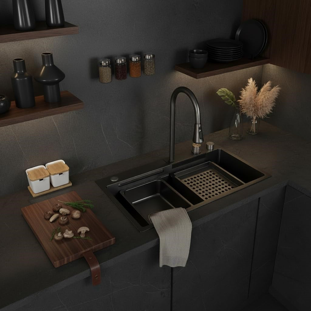 Neom Edelstahlspüle 75x45 cm mit 4-fach Wasserhahn, Wasserfall & Zubehör