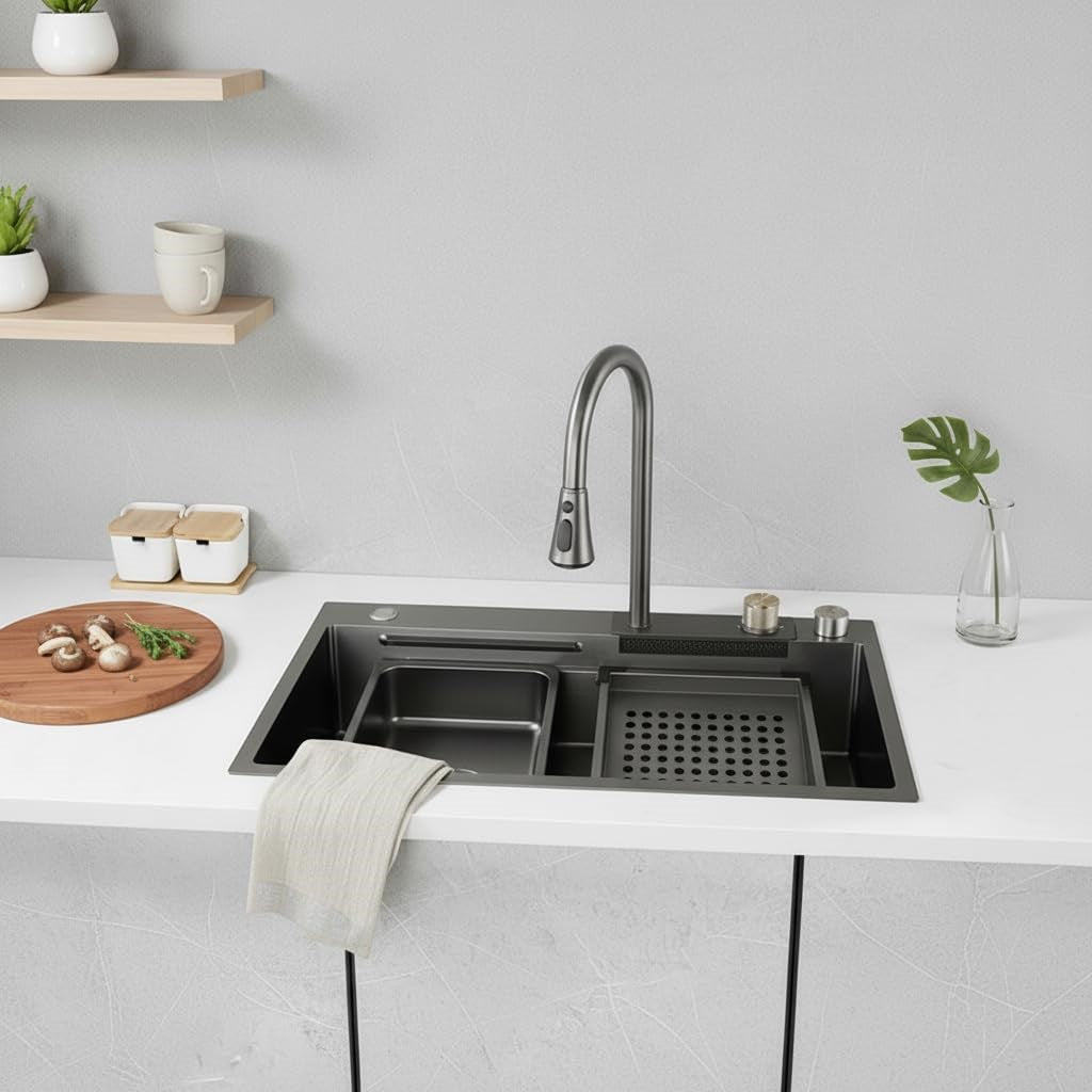 Neom Edelstahlspüle 75x45 cm mit 4-fach Wasserhahn, Wasserfall &amp; Zubehör