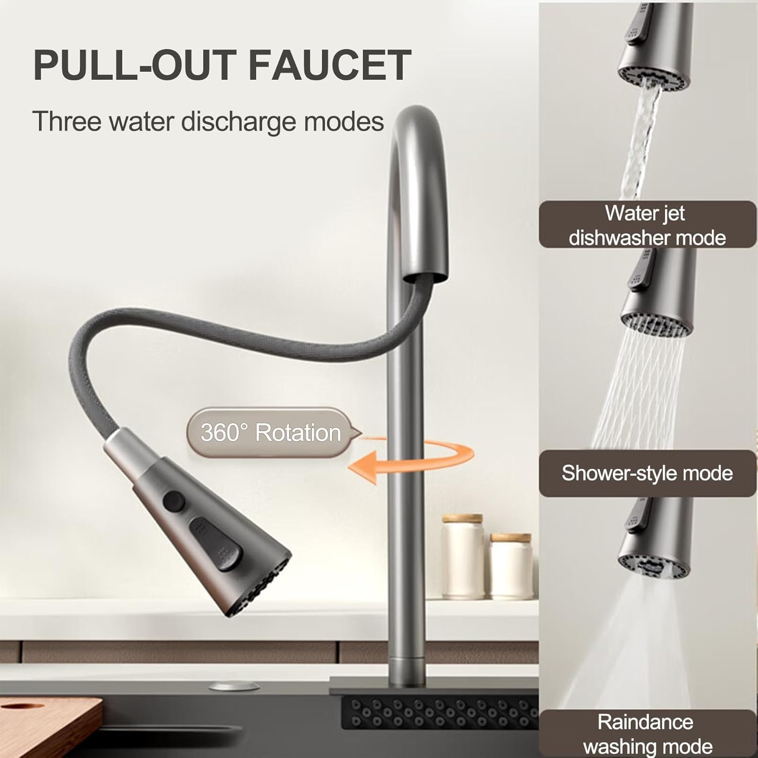 Neom Edelstahlspüle 75x45 cm mit 4-fach Wasserhahn, Wasserfall &amp; Zubehör