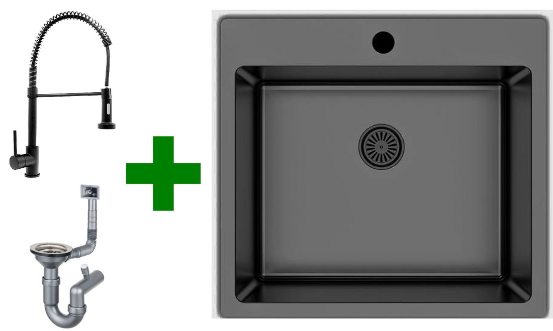 Edelstahlspüle 50,5×55 cm schwarz mit Spiralarmatur schwarz - eckig, reversibel montierbar, kratzfest & pflegeleicht. inkl. Siphon-Set.