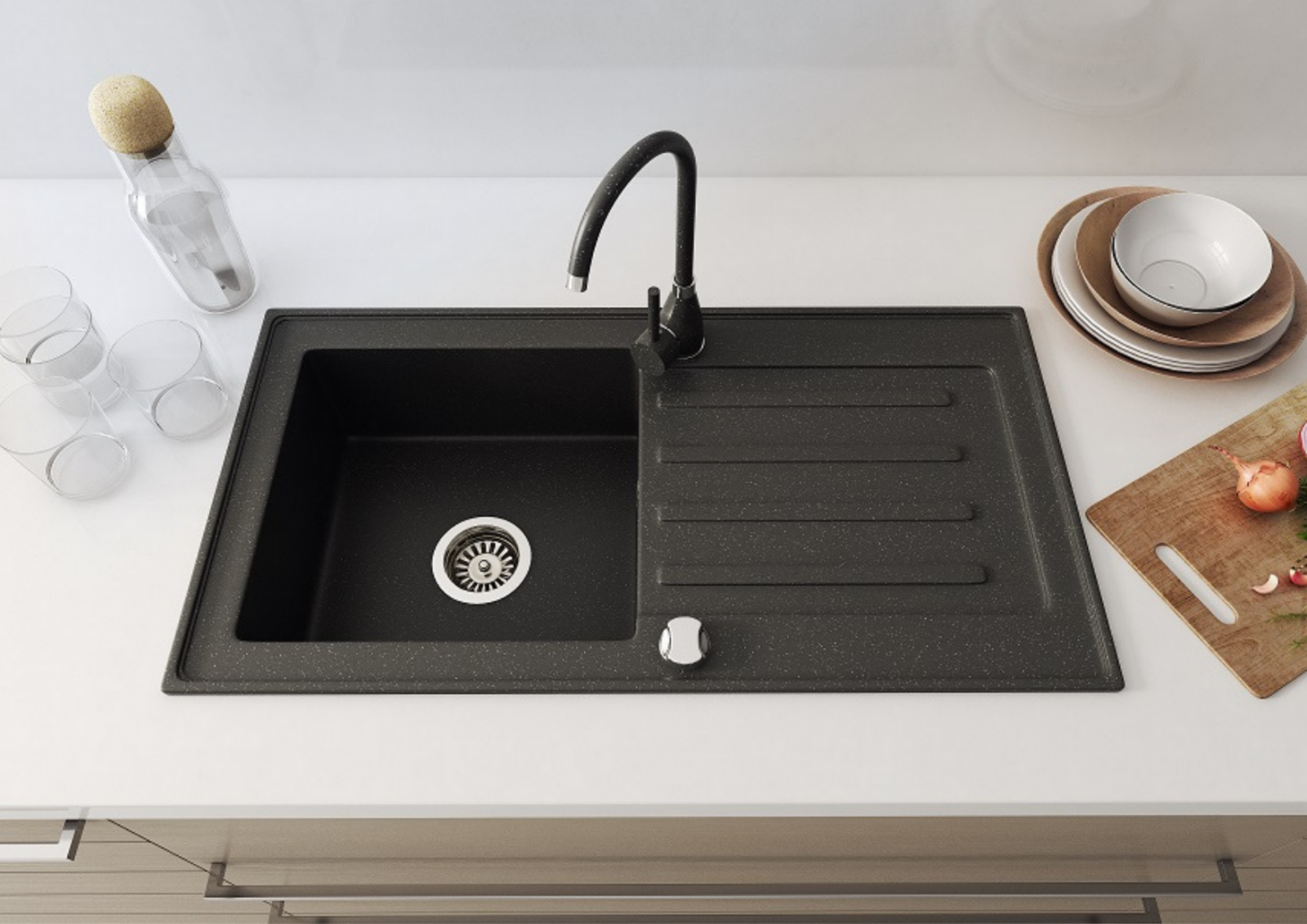 Granitspüle 76x44 + Armatur Cado – inkl. Siphon-Set
